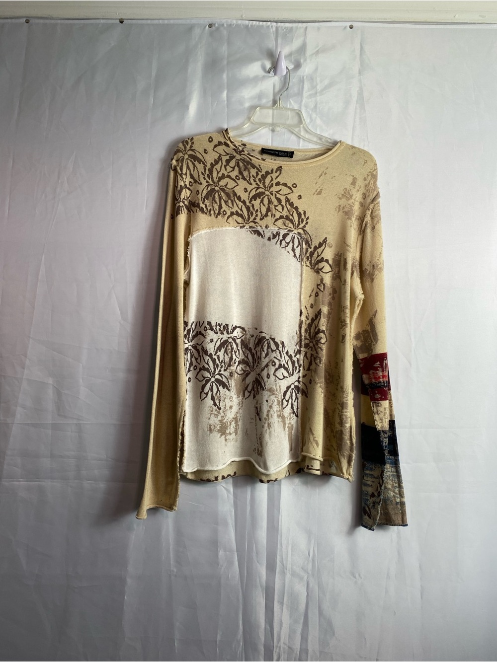 Kenneth Cole New York Beige Cream Long Sleeve Mixed Print Top
